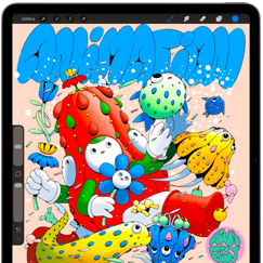 iPad Air, showcasing colorful art on the Procreate app